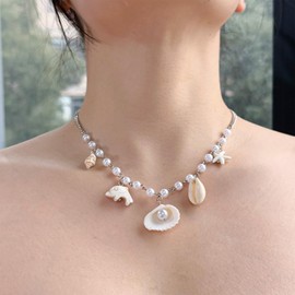 Seashell Starfish Pendant Necklace Pearl Beaded Fossil Charm Choker Summer Boho Beach Statement Necklace Jewelry with Dolphin & Conch Silver Trendy Chain Gifts for Women