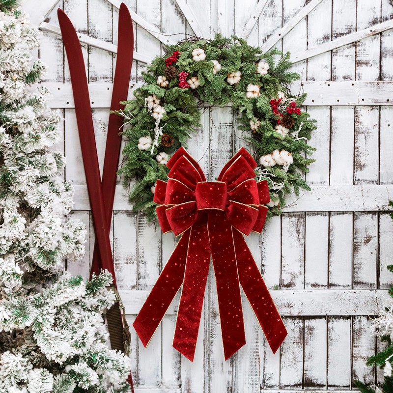 Vickasi Christmas Wreath Bows for Front Door, Glitter Red Velvet
