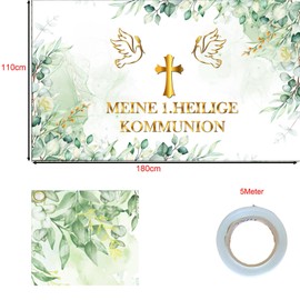 Communion Banner First Communion Banner First Holy Communion Decoration Confirmation Decoration Gold Green Background Hanging Decoration for Boys Girls Wall Party 110 x 180 cm