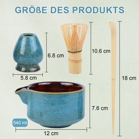 CZCMYAU Matcha Whisk Set of 4 Matcha Bowl with Spout Matcha Whisk Bamboo Shovel Matcha Whisk Holder Traditional Japanese Tea Ceremony (Blue)