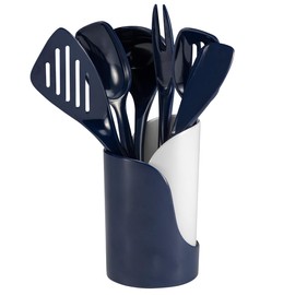 Hutzler 7-Piece Mini Melamine Cooking Utensils and Storage Crock Set, Includes 7.5 Inch Long Fork, Slotted Spoon, Solid Spoon, Ladle, Spreader and Slotted Turner (Blue)
