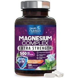 Health Nutrition Naturals Cápsulas de complejo de magnesio de 500 mg con óxido, glicinato, malato y citrato - Suplementos minerales de magnesio...    