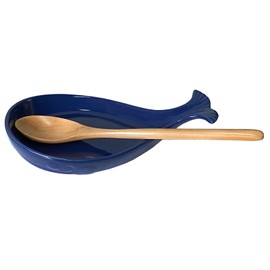 Ceramic Spoon Rest for Kitchen with Wooden Spoon, Whale Shape, Navy, 4.8W X 7.8L
