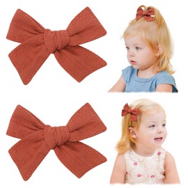 Jollybows 2pcs 3.2" Hair Bows Clips for Baby Girl Toddler Pigtail Bows Neutral Linen Hair Clip Bows -Brick Red
