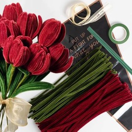 NafuXiaJJia Rose Pipe Cleaner Kit with 150 Pcs Pipe Cleaners Colourful in 2 Colours（Burgundy,Green,8 Pcs Green Floral Wire,Floral Tape,Glue Sticks,Flower Wrapping Paper and Ribbon