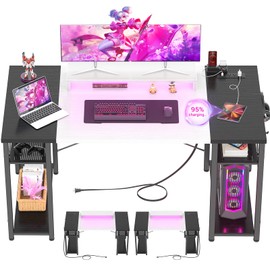 armocity Computer Desk with LED Lights, 55 Inch Desk with Power Outlet and USB, Reversible Large Desk with Moveable Monitor Stand, 55.2'' Gaming PC Table for Home Office, Workstation, White and Black