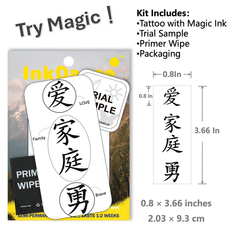 InkDance X205 Semi-Permanent Tattoos, Chinese Characters (Love, Family, Courage), Long-Lasting