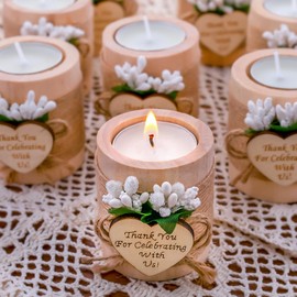 Ju's Favors 10 Piece Set of Wooden Tealight Candle Holders, Wedding Party Guest Favors, Thank You Favors, Guest Return Favors, Bridal Shower, Housewarming Gifts for Guests (Light Brown)