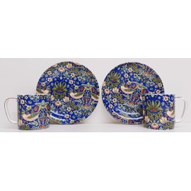 Rainbow Decors William Morris Strawberry Thief Blue Espresso 2 Cups 100ml 3.5fl oz and Saucers Fine Bone China Set Arts Crafts Nouveau Hand Decorated UK