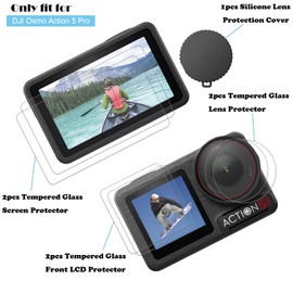 PCTC [6PCS] Screen Protector for DJI Osmo Action 5 Pro Camera, 2 Pack Ultra lear Tempered Glass Screen protector+1pcs Rubber Lens Protective cover Accessories Kit , 0.3mm 9H Hardness Anti-Scrach Anti-Bubble