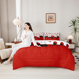 7 Pcs Ladybug Kids Comforter Queen,Red Black Ladybird Beetle Insect Rustic Girls Boys Bedding Set,Geometric Polka Dots Abstract Cartoon（Comforter+Fitted+Sheet+2 Pillowcases+2 Throw Pillow Covers）