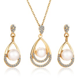 Necklace and Earring Sets for Women Pearl Necklace and Earrings Set Gold Jewellery Set Teardrop Zirconia Rhinestone Drop Earrings Necklace Pearl jewellery Sets for Women Brides (gold)