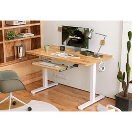 BANTI 55" x 24" Height Adjustable Electric Standing Desk with Keyboard Tray, Sit Stand up Desk with Splice Board, White Frame/Light Rustic Brown Top