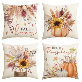 Artoid Mode Sunflowers Leaves Vase Pumpkins Autumn Cushion Covers Set of 4 45 x 45 cm Decorative Cushion Cover Couch Living Room Decoration