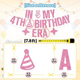 In My 4th Birthday Era Banner, It's My Birthday Time/Hello 4, Happy 4th Birthday Party Baby Shower Party Decorations Supplies for Boy Girl, Pink Glitter
