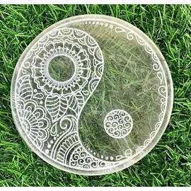 crystalmiracle Natural Selenite 3 Inches Round Carved Engraved Reiki Plate Crystal Healing Feng Shui Men Women Gift Handcrafted Positive Energy