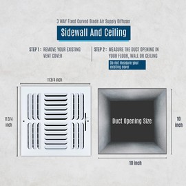 Handua 10"W x 10"H [Duct Opening Size] 3 Way Fixed Curved Blade Air Supply Diffuser | Register Vent Cover Grill for Sidewall and Ceiling | White | Outer Dimensions: 11.75"W X 11.75"H
