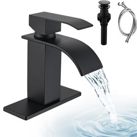 Matte Black Waterfall Bathroom Faucet, Modern Single Handle Bathroom Sink Faucet with Pop-up Drain, Rv Vanity Faucet with & Supply Hoses, Suitable Deck Plate for 1 or 3 Holes