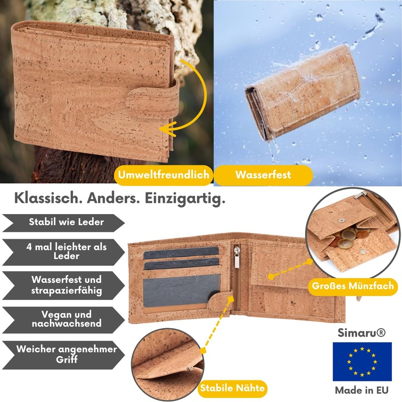 Simaru Cork Wallet, Unisex Wallet with RFID Protection, Wallet for