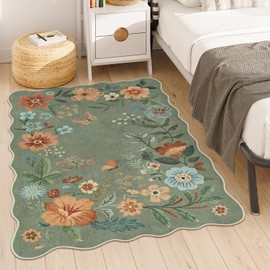 Lahome Floral Washable Rugs, 4X6 Rug for Bedroom Ultra-Thin Soft Dining Room Rug, Non-Slip Living Room Rugs Stain Resistant Boho Rug Lightweight Low-Pile Throw Rug for ‎Office (4x6ft,Green)