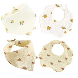 Pack of 4 Baby Muslin Bibs, Drool Bibs, Burp Cloths, Baby, Triangular Scarf, Baby Muslin Cloths for Teething and Drooling (B)