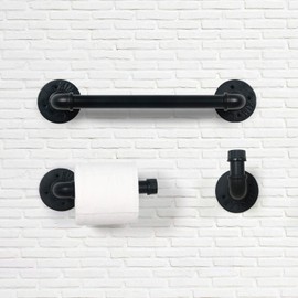 HouseAid 3-Pieces Industrial Pipe Towel Holder Set, Rustic Steel Towel Rack Kit, Farmhouse Vintage Style Towel Bar Accessories for Bathroom, Wall Mounted, Matte Black