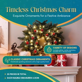 Festive Fix 25 Mini Christmas Tree Baubles in Red – 2.5cm Mini Shatterproof Decorative Hanging Ornaments Balls for Xmas | Shiny, Matte and Glitter Pendants for Christmas Holiday or Party Decor