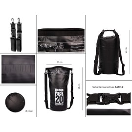 Xenobag Waterproof Bag 3 Litres Or 20 Litres/Dry Bag, Small/Ocean Pack 3 Litres Or 20 Litres / Waterproof Bag/Dry Bag With Adjustable Shoulder Straps and Safety Lock, black
