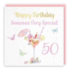 Hunts England - 50th Someone Very Special Pink Cocktail And Butterflies Female Birthday Card - Luxury Gold Foil - Milo's Gallery - Age 50 Drinks, Flowers, Hearts Elegant Birthday Card