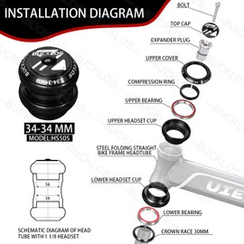 BUCKLOS Bike Headset 34/44/44-50.6/44-55/44-56/41.8-52mm, Mountain Bike Road Bicycle 1-1/8 Threadless Double Sealed Bearings MTB Headsets, for Straight Tapered Tube Frame Fork Expander Plug Star Nut
