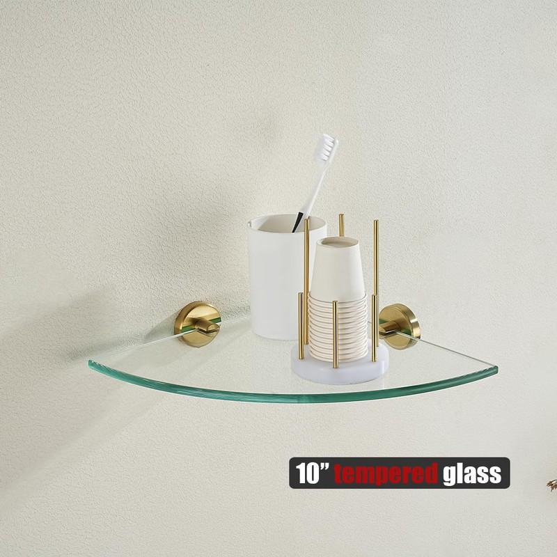 JQK Corner Glass Shelf, Brushed Gold Bathroom 304 Stainless Steel