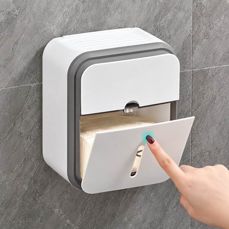 Gray Toilet Paper Holder for Bathroom Storage – No-Drill Wall-Mounted