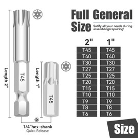 22 Piece Security Torx Bit Set (T6-T45), 1/4 Inch Hex Shank S2 Steel Magnetic Tamper Proof star screwdriver bit set, 1" and 2" Long