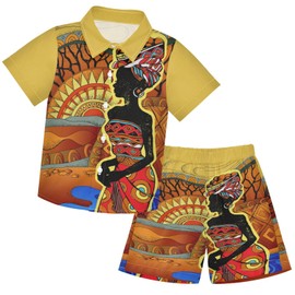 visesunny Toddler Boys 2 Piece Outfit Button Down Shirt and Short Sets African Woman Ethnic Style Boy Summer Outfits for Infant Baby Children Kids L