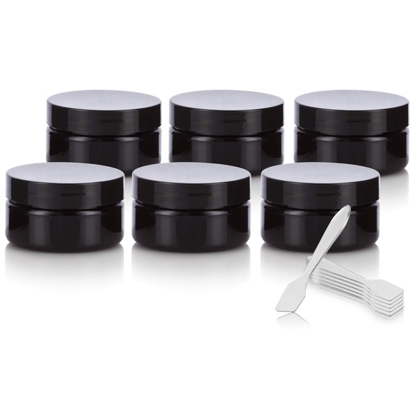 Black PET Plastic (BPA Free) Refillable Low Profile Jar - 2 oz / 60 ml (6 PACK) + Spatulas