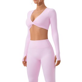 SUUKSESS Women 2 Piece Workout Sets Long Sleeve Twist Deep V Crop Padded Tops Yoga Leggings with Side Pockets (Light Pink, M)