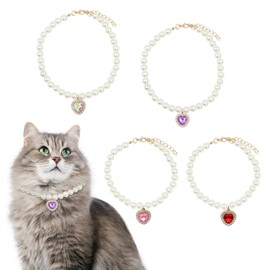 4 PCS Adjustable Pearl Cat Collar with Heart Shape Rhinestone, YITOBA Pearl Necklace for Dogs in 4 Colors, Cute Dog Collar for Cats Puppy, Pet Jewelry for Party Wedding Birthday (Colorful)