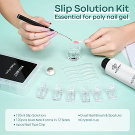 Modelones Slip Solution Nail Shapes Set with 120 Pieces Nail Shape 120 ml Slip Solution 5 Pieces Nail Clip Crystal Cup and Dual-Ended Nail Brush for Polygel Extension Artificial Nail Design