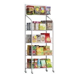 Nisorpa 4 Tier Retail Snack Display Rack, Metal Supermarket Candy Display Shelf Cart with Wheels Snack Fruits Organizer Holder Stand for Convenience Stores Home Kitchen 23.6x60.2x10.6 Inches,White