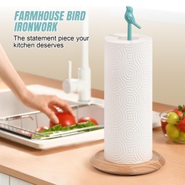 Wooden Paper Towel Holder countertop, Stylish Bird Shaped,Solid Wood Base&Iron Top, with Non-Slip Mat, Stable&Durable,Paper Towel Holder Farmhouse Style to Elevate Your Kitchen's Décor (Blue)