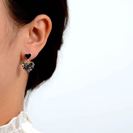 Aneneiceera Crystal Heart Drop Earrings Black Rhinestones Love Heart Earrings Full Diamond Short Drop Earrings Wedding Bling Heart Dangle Earrings Studs Heart Crystal Prom Earrings for Women Girls