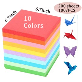 200 Sheets Colourful Paper, Coloured Paper Folding Paper in 10 Colours, 17 x 17 cm Coloured Paper / Craft Paper Origami Paper Double-Sided / Coloured Paper Set for DIY Origami and Craft Projects