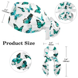 Butterfly Retro Adjustable Women Working Cap with Bow Hair Scrunchy, Bouffant Hat with Buttons
