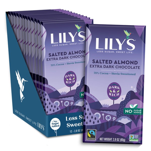 Salted Almond Dark Chocolate Bar by Lily's | Stevia Sweetened, No Added Sugar, Low-Carb, Keto Friendly | 70% Cocoa | Fair Trade, Gluten-Free & Non-GMO | 3 ounce, 12-Pack