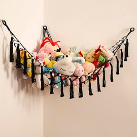 Stuffed Animal Hammock Hanging Net for Soft Toy Storage Organizer Teddy Bear Net Plush Holder Boho Macrame Toy Holder-Black