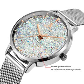 Alienwork Women's Watch Silver Metal Mesh Strap White Rhinestone Glitter Elegant