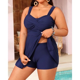 Aqua Eve Plus Size Two Piece Swimsuits for Women Tankini Bathing Suits Flowy Swim Dress with Shorts, Navy Blue, 16 Plus