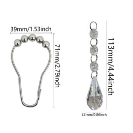 Shower Curtain Hooks Rings with Acrylic Crystal Bead for Bathroom Decorative Shower Rod Curtain, Set of 12 Stainless Metal Rust Proof Curtain Rings and Elegant Crystal Pendant Set Shower Decor