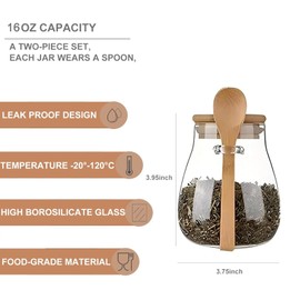 DNIENKGE Airtight glass jar storage container with bamboo lid Set of 2, wide mouth, leak-proof, With a spoon, can be used for coffee beans, tea leaves, grains, dried fruits, etc (Small)