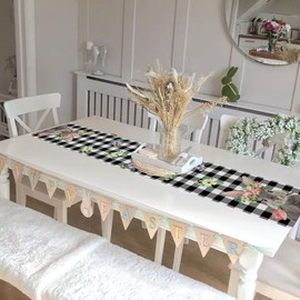 Easter Table Runner - Spring Coffee Dining Table Decor 13 X 72 Inch Rustic Buffalo Plaid Burlap Farmhouse Table Decorations Bunny Floral Tablescape Home Decor